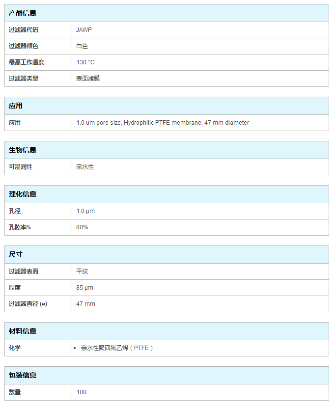 JAWP04700-密理博孔径1um亲水性聚四氟乙烯PTFE膜