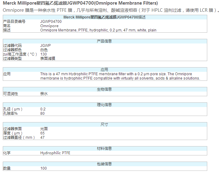 JGWP04700-密理博millipore亲水性 Omnipore PTFE膜