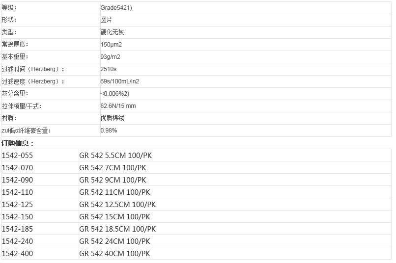 1542-125-沃特曼GR 542定量滤纸12.5cm直径